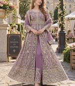 Lavender silk blend semi stitched anarkali suit with embroidery & sequins work