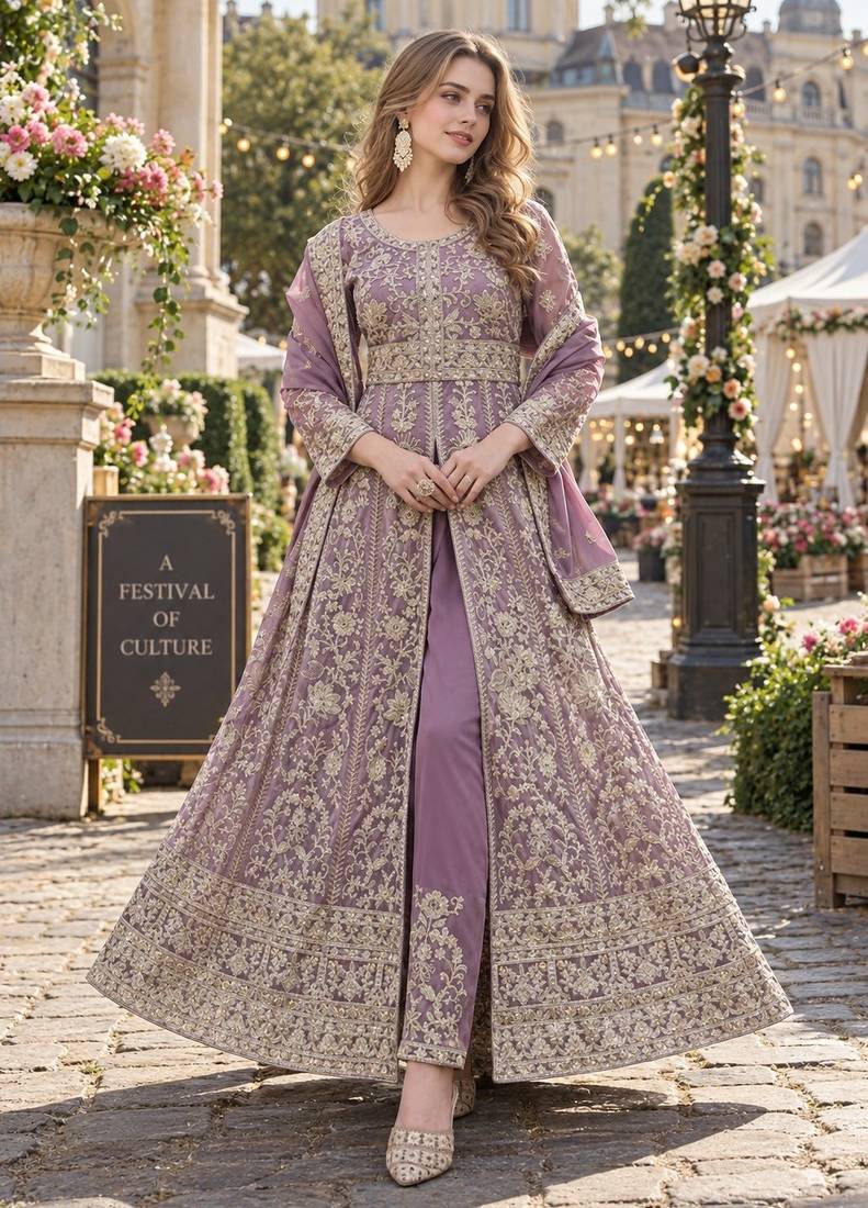 Lavender silk blend semi stitched anarkali suit with embroidery & sequins work