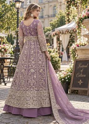 Lavender silk blend semi stitched anarkali suit with embroidery & sequins work 2