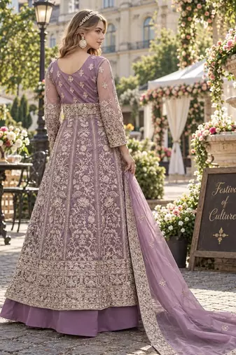 Lavender silk blend semi stitched anarkali suit with embroidery & sequins work