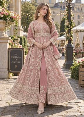 Peach silk blend semi stitched anarkali suit with embroidery & sequins work 1