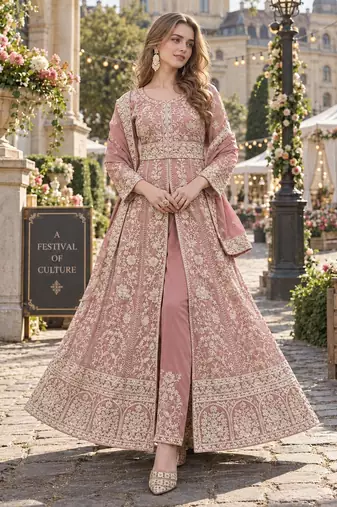 Peach silk blend semi stitched anarkali suit with embroidery & sequins work