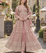 Peach silk blend semi stitched anarkali suit with embroidery & sequins work