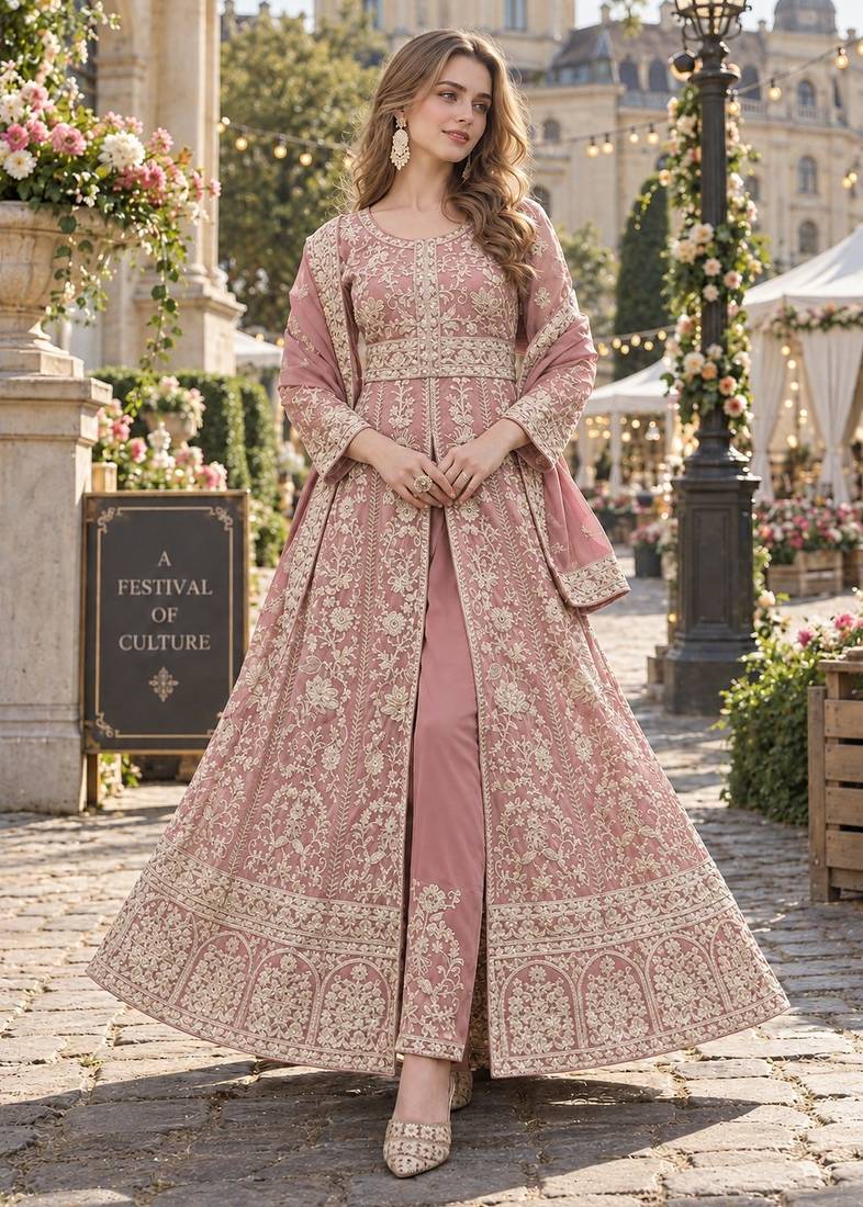 Peach silk blend semi stitched anarkali suit with embroidery & sequins work