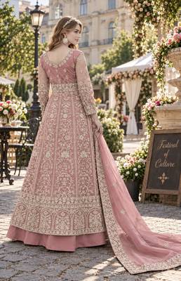 Peach silk blend semi stitched anarkali suit with embroidery & sequins work 2