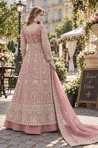 Peach silk blend semi stitched anarkali suit with embroidery & sequins work
