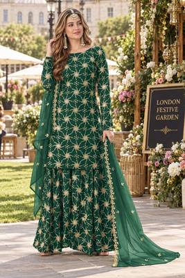 D green faux georgette semi stitched plazzo suit with embroidery & sequins work 1