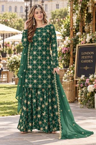 D green faux georgette semi stitched plazzo suit with embroidery & sequins work