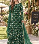 D green faux georgette semi stitched plazzo suit with embroidery & sequins work