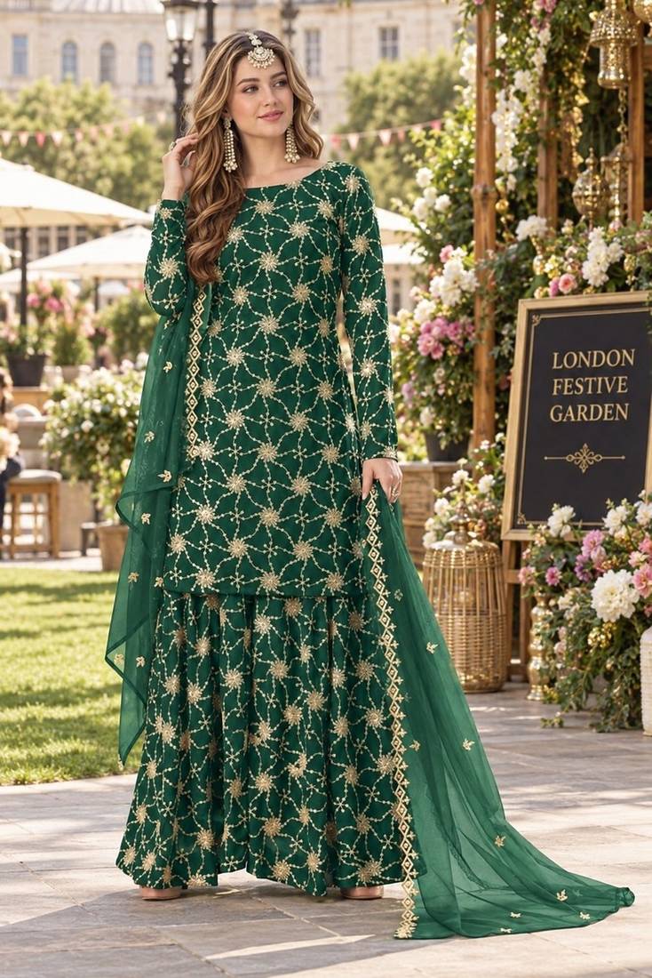 D green faux georgette semi stitched plazzo suit with embroidery & sequins work