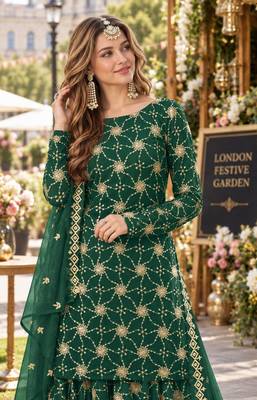 D green faux georgette semi stitched plazzo suit with embroidery & sequins work 2