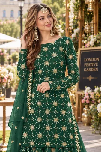 D green faux georgette semi stitched plazzo suit with embroidery & sequins work