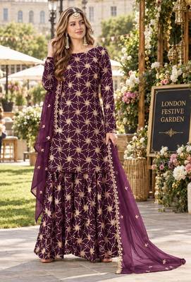 Purple faux georgette semi stitched plazzo suit with embroidery & sequins work 1