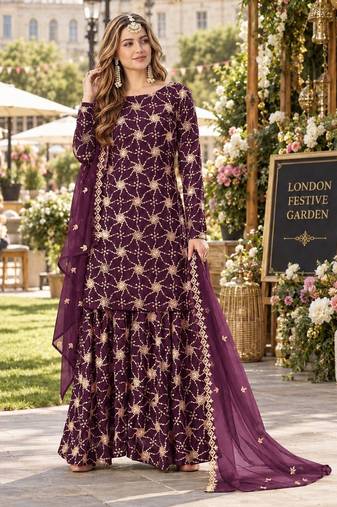 Purple faux georgette semi stitched plazzo suit with embroidery & sequins work