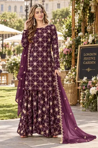 Purple faux georgette semi stitched plazzo suit with embroidery & sequins work