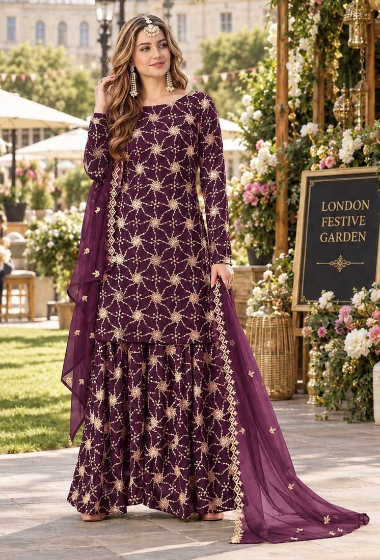 Purple faux georgette semi stitched plazzo suit with embroidery & sequins work