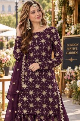 Purple faux georgette semi stitched plazzo suit with embroidery & sequins work 2