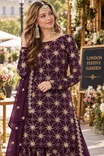 Purple faux georgette semi stitched plazzo suit with embroidery & sequins work