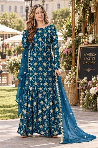 Teal blue faux georgette semi stitched plazzo suit with embroidery & sequins work
