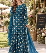 Teal blue faux georgette semi stitched plazzo suit with embroidery & sequins work