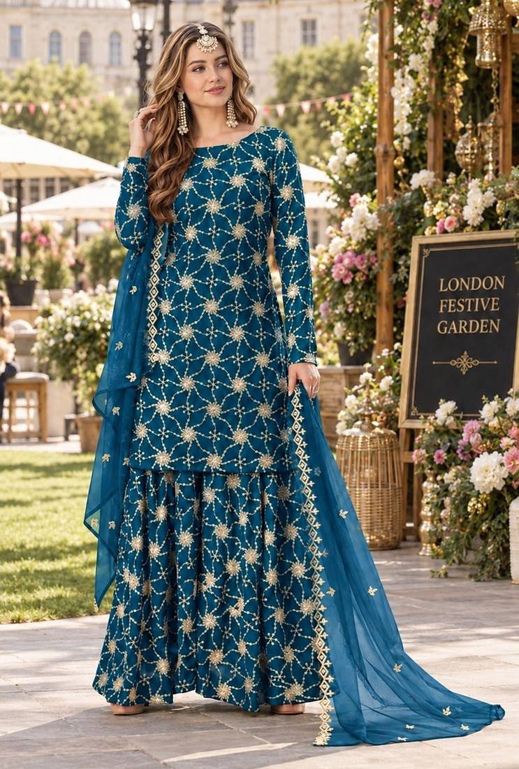 Teal blue faux georgette semi stitched plazzo suit with embroidery & sequins work