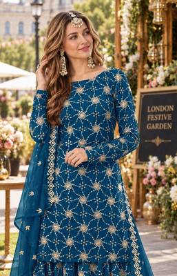Teal blue faux georgette semi stitched plazzo suit with embroidery & sequins work 2