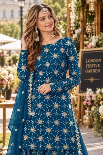 Teal blue faux georgette semi stitched plazzo suit with embroidery & sequins work