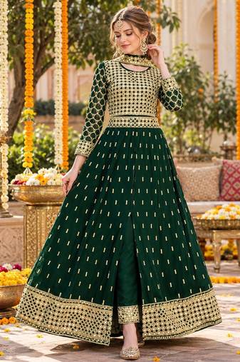 green silk blend semi stitched anarkali suit with embroidery & stone work