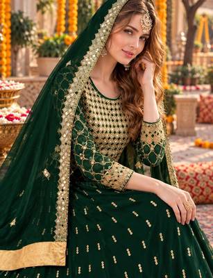 green silk blend semi stitched anarkali suit with embroidery & stone work 2