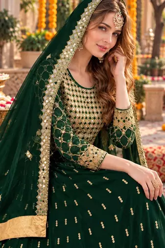 green silk blend semi stitched anarkali suit with embroidery & stone work
