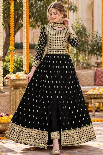 Black silk blend semi stitched anarkali suit with embroidery & stone work