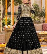 Black silk blend semi stitched anarkali suit with embroidery & stone work