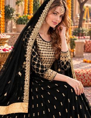 Black silk blend semi stitched anarkali suit with embroidery & stone work 2