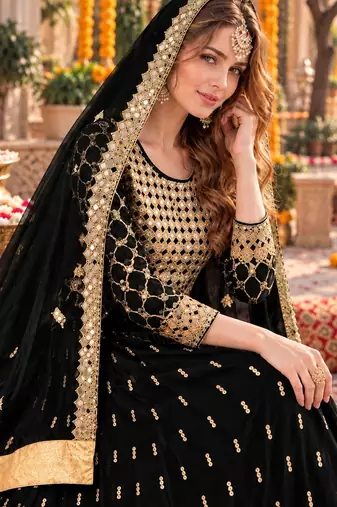 Black silk blend semi stitched anarkali suit with embroidery & stone work