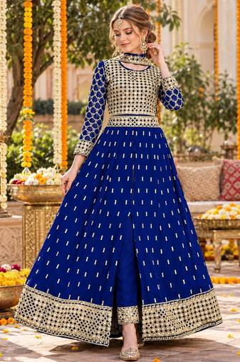 Navy silk blend semi stitched anarkali suit with embroidery & stone work