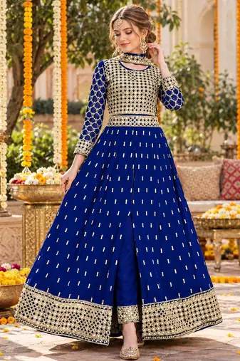 Navy silk blend semi stitched anarkali suit with embroidery & stone work