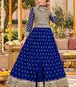 Navy silk blend semi stitched anarkali suit with embroidery & stone work