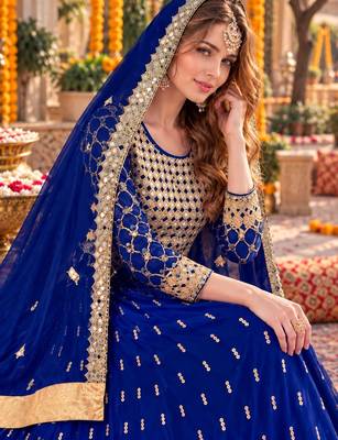 Navy silk blend semi stitched anarkali suit with embroidery & stone work 2