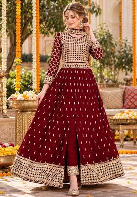 Red silk blend semi stitched anarkali suit with embroidery & stone work 1
