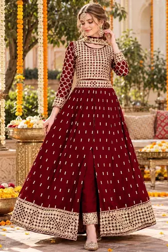 Red silk blend semi stitched anarkali suit with embroidery & stone work