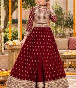 Red silk blend semi stitched anarkali suit with embroidery & stone work