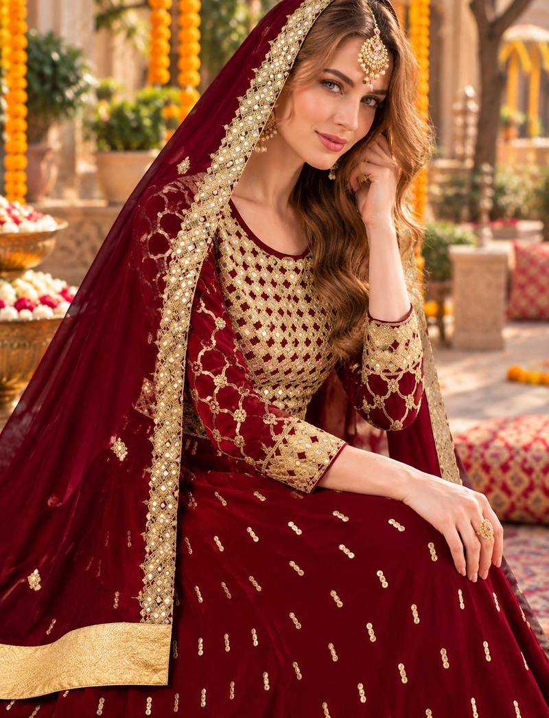 Red silk blend semi stitched anarkali suit with embroidery & stone work