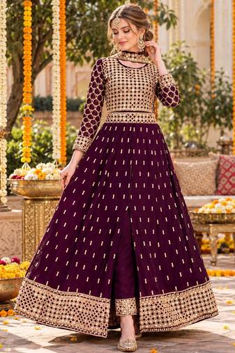 Purple silk blend  semi stitched anarkali suit with embroidery & stone work