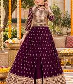 Purple silk blend  semi stitched anarkali suit with embroidery & stone work