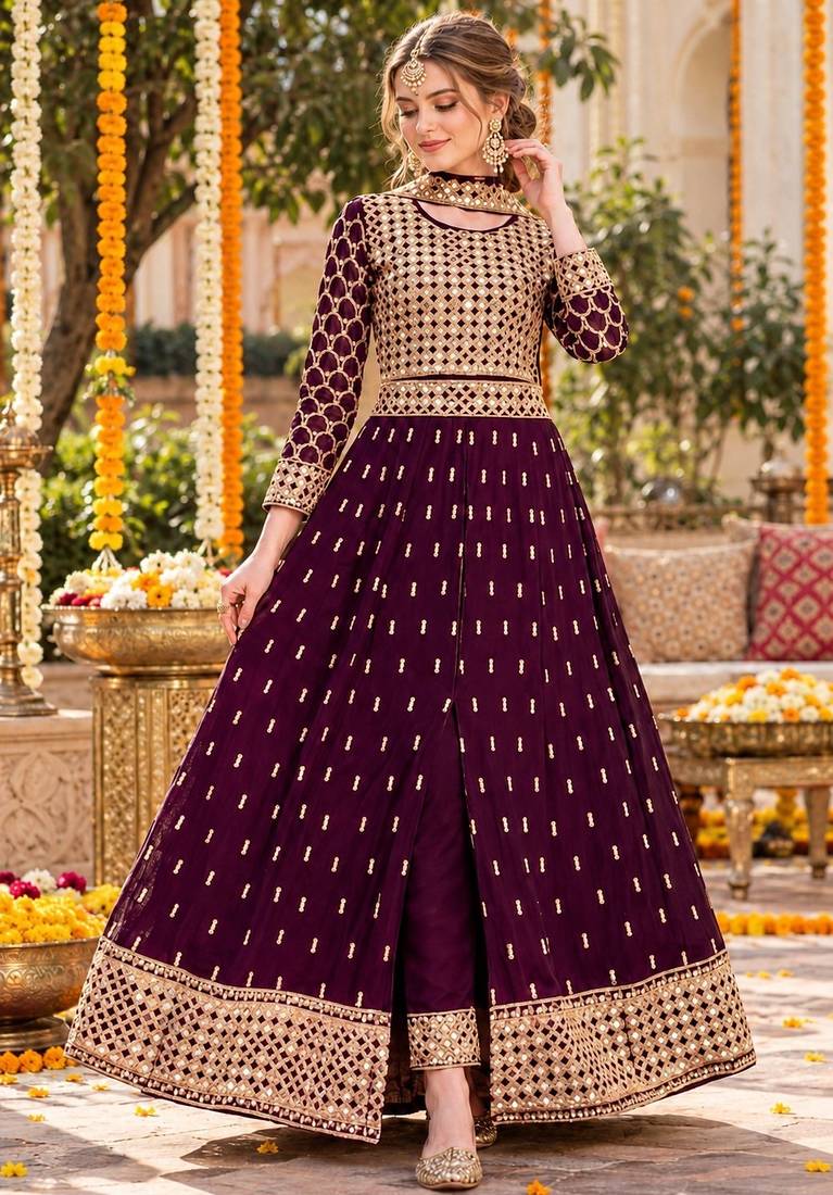 Purple silk blend  semi stitched anarkali suit with embroidery & stone work