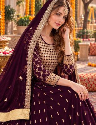 Purple silk blend  semi stitched anarkali suit with embroidery & stone work 2