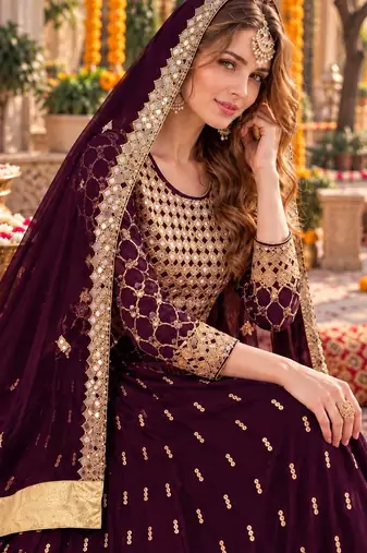 Purple silk blend  semi stitched anarkali suit with embroidery & stone work