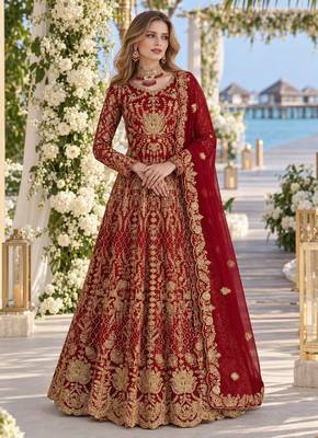 Red net semi stitched anarkali suit with codding & stone work 1