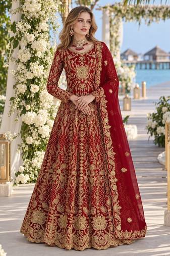 Red net semi stitched anarkali suit with codding & stone work