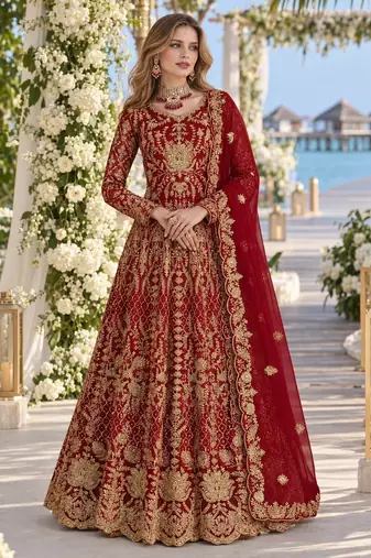 Red net semi stitched anarkali suit with codding & stone work